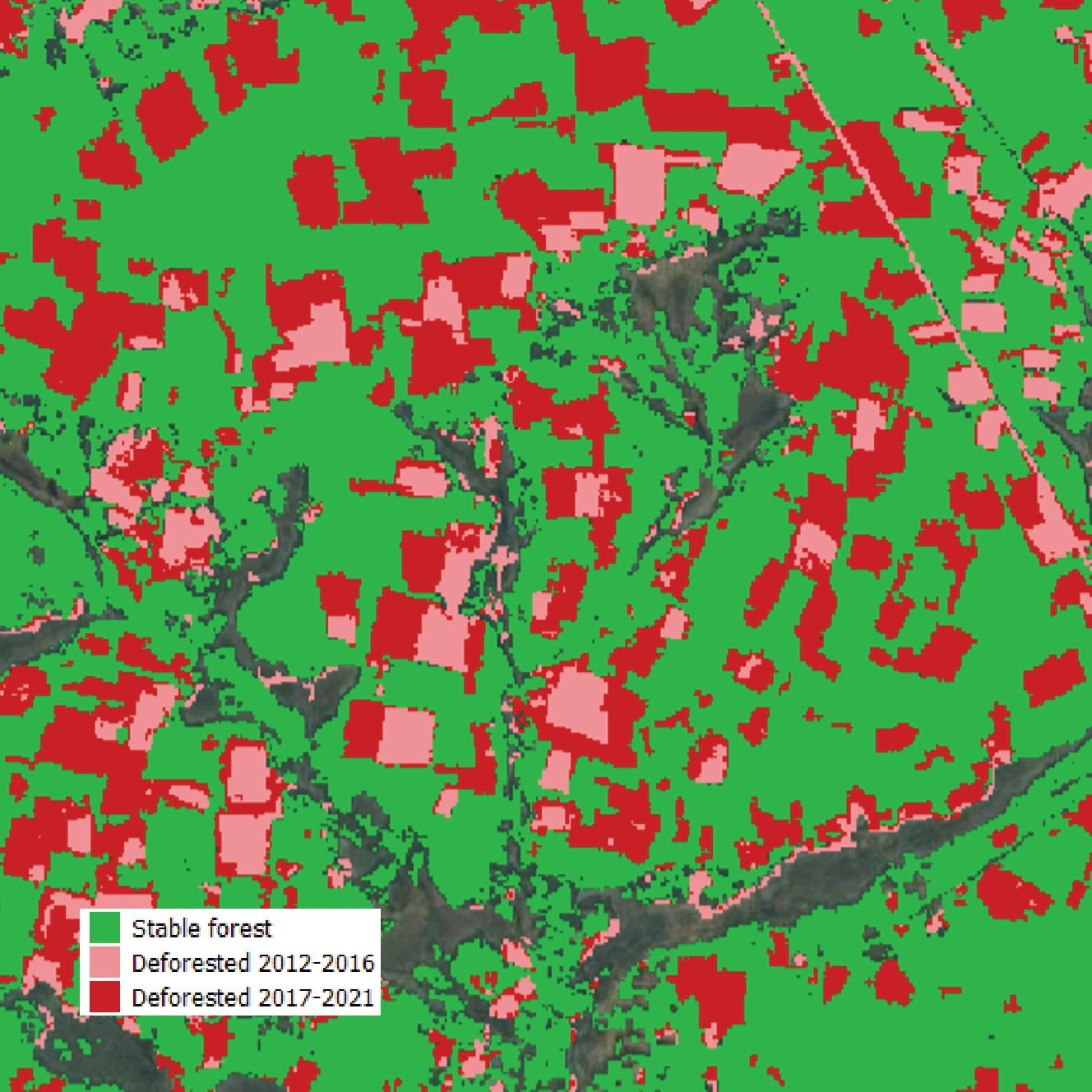 Forest degradation on top of satellite imagery