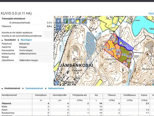 Screenshot of Metsäsoppi web service showing map and forest stand data