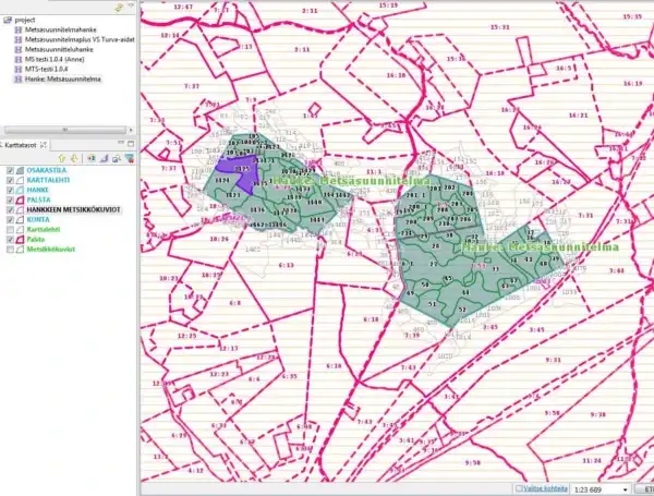Screenshot of MörGIS system showing forest planning data in Finland
