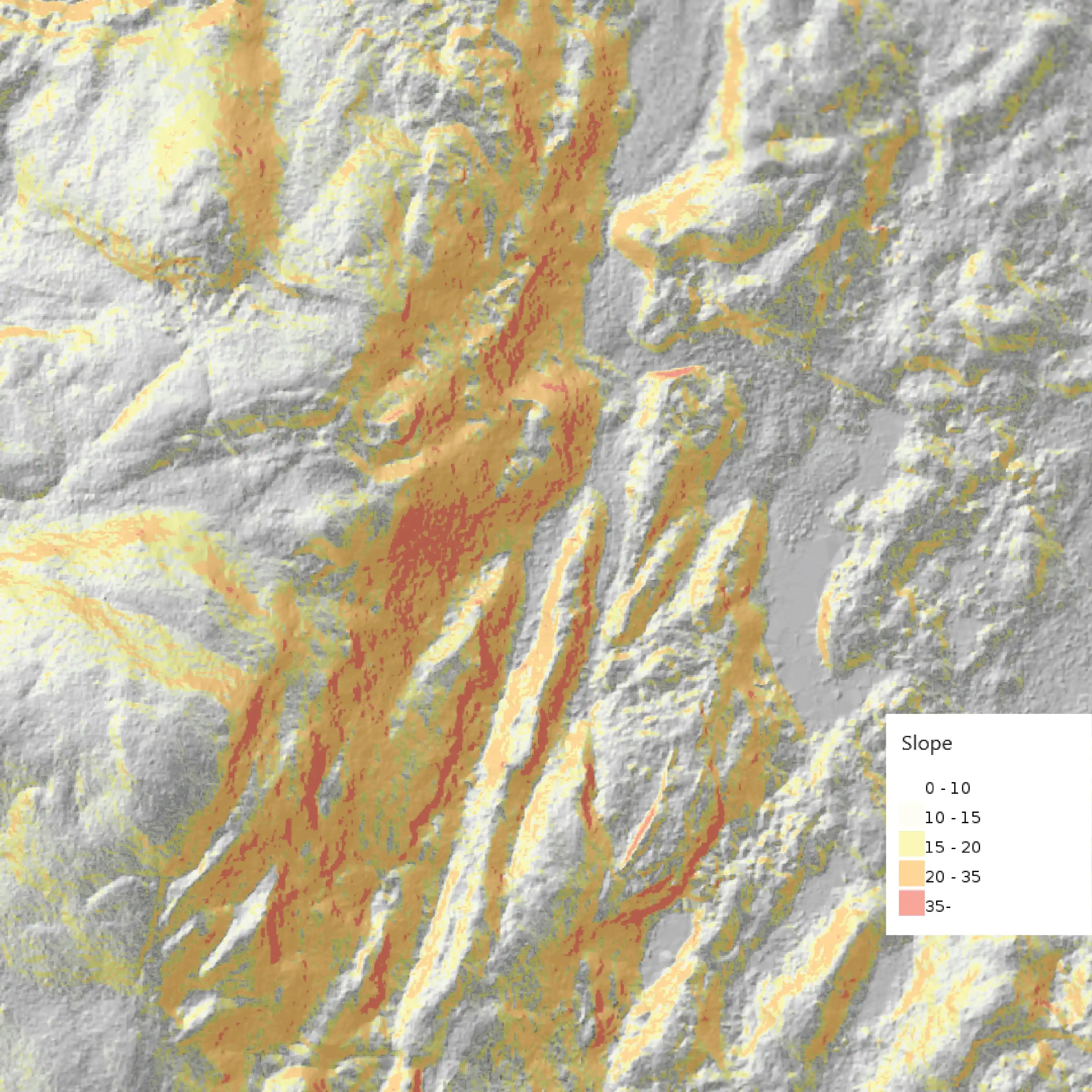 Slope in terrain form (hillshade)